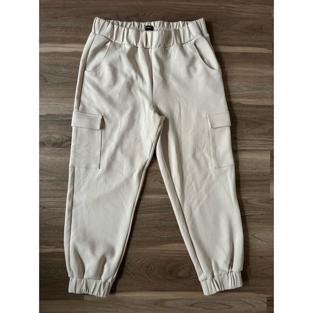 EXPRESS High Waisted Luxe Lounge Cargo Joggers Women's Size M Cream